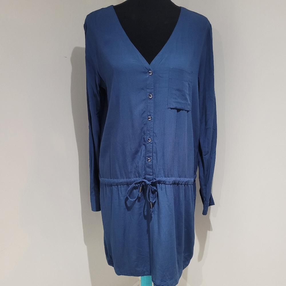 Lole Women's Rayon Long Sleeve Button Drawstring Tunic Dress Medium Blue Casual